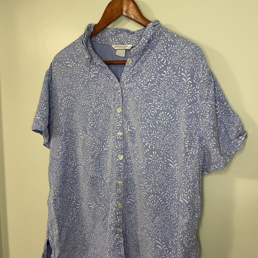 Fresh Produce Button Front Collared Shirt Womens Size L Blue Made In USA Vintage - Picture 2 of 6